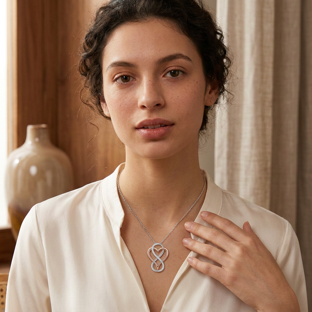 Model wearing heart infinity necklace
