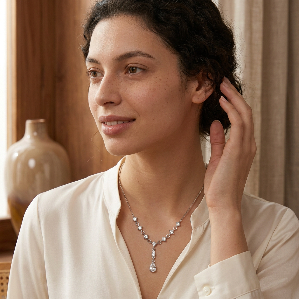 Model wearing pear-drop necklace in three-quarter pose