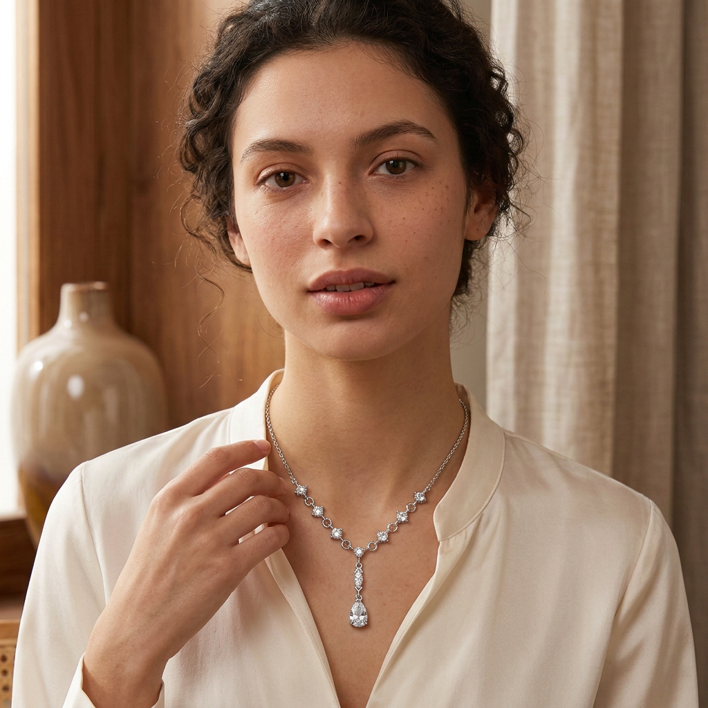 Model wearing pear-drop necklace