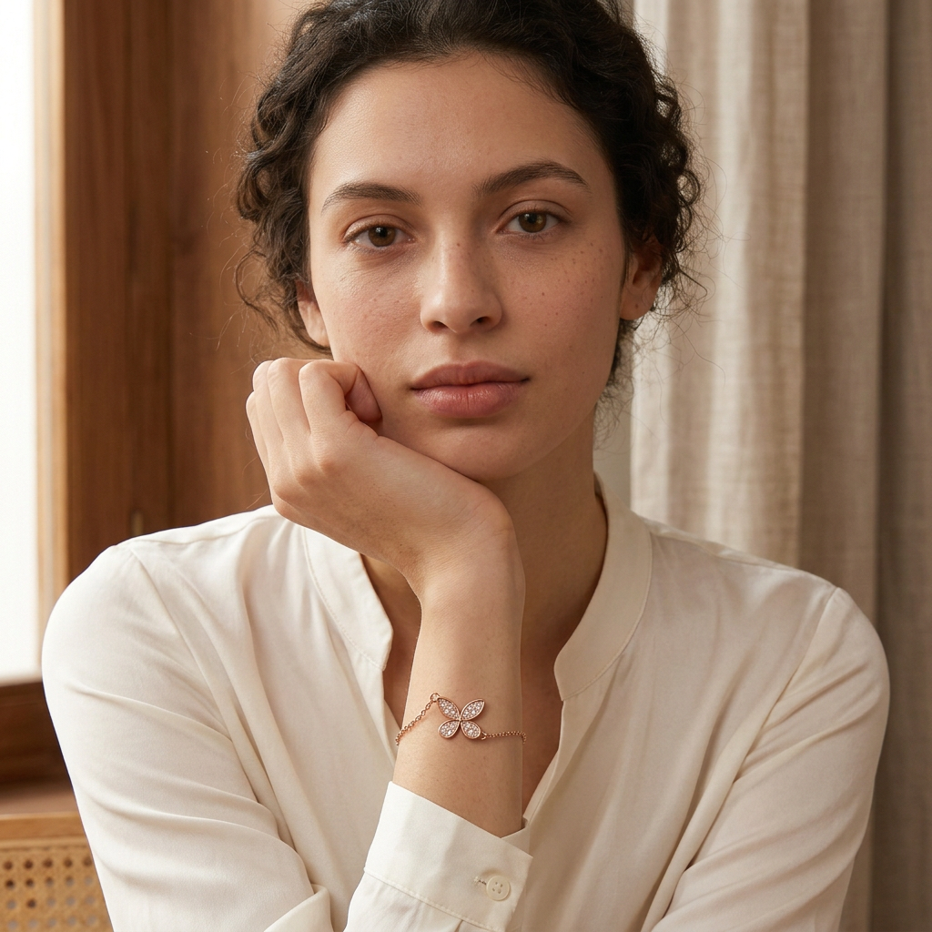 Model wearing rose butterfly bracelet