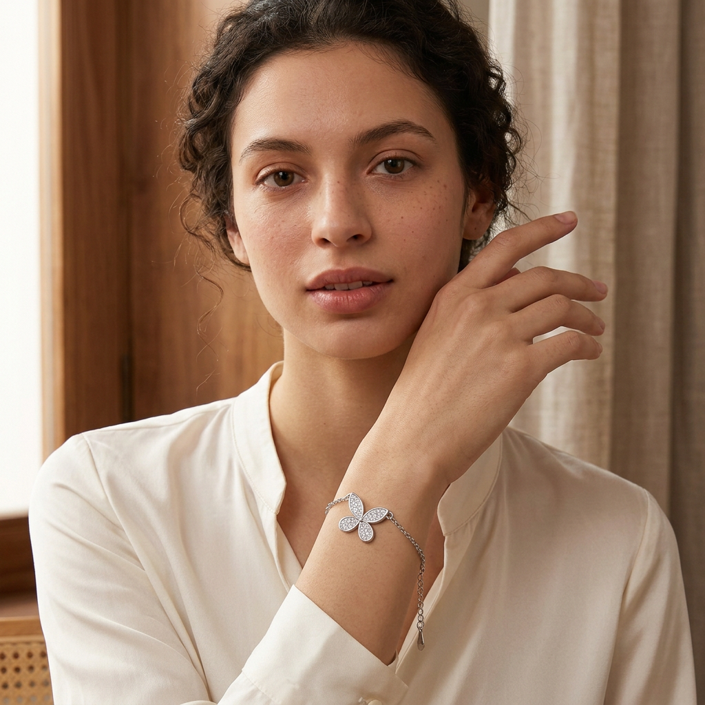 Model wearing silver butterfly bracelet
