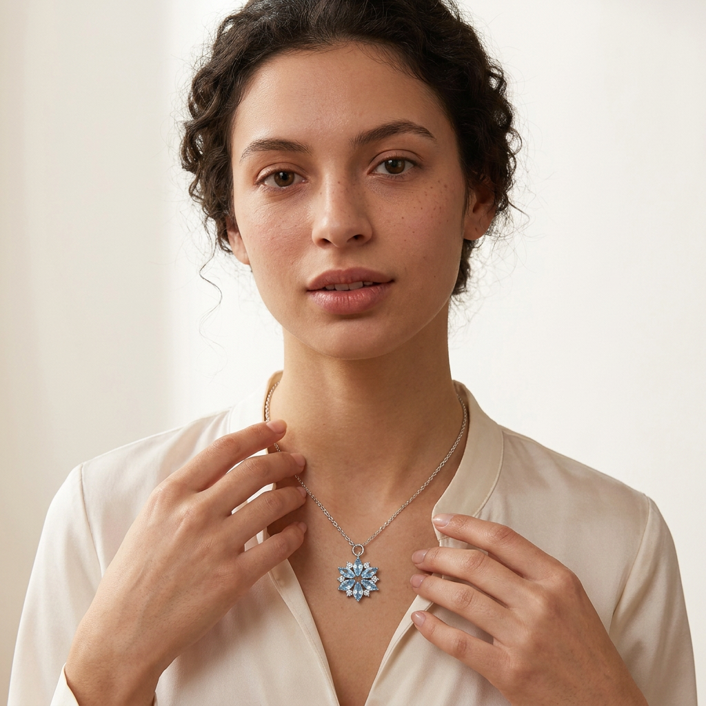 Model wearing snowflake necklace facing camera