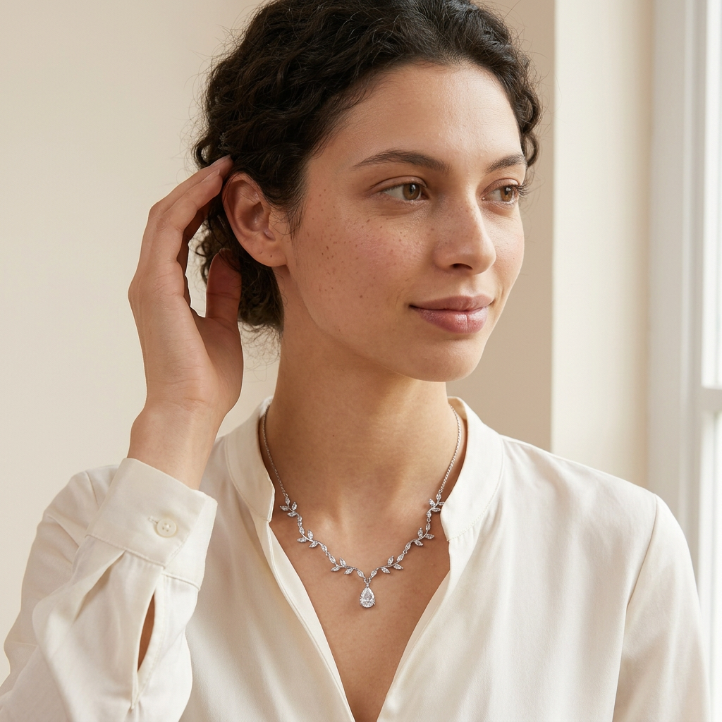 Model wearing the necklace in a three-quarter pose