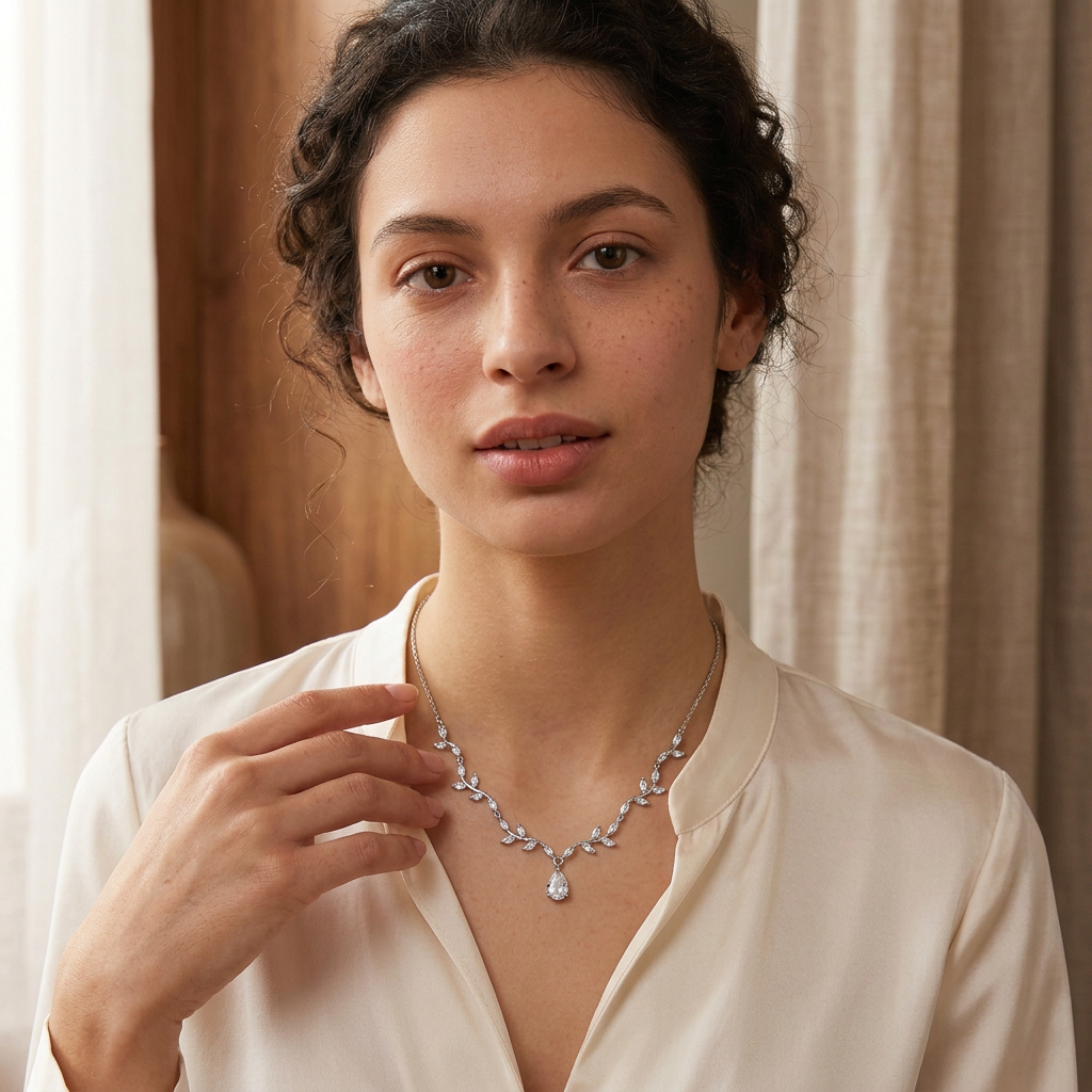 Model wearing the silver leaf necklace