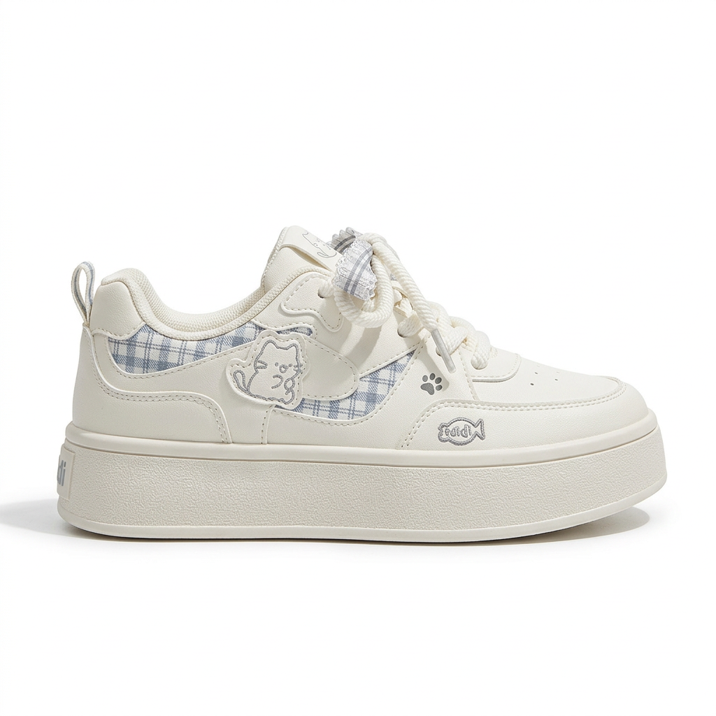 Pale blue cat patch platform sneaker side view