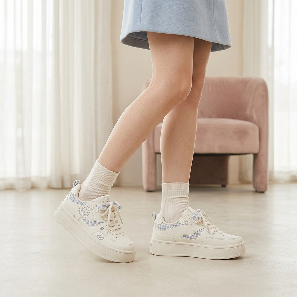 Pale blue plaid cat sneakers luxury wearing shot