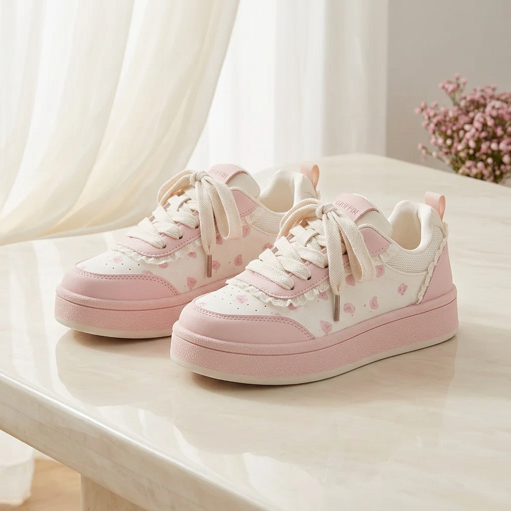 Pink bear sneakers editorial setting