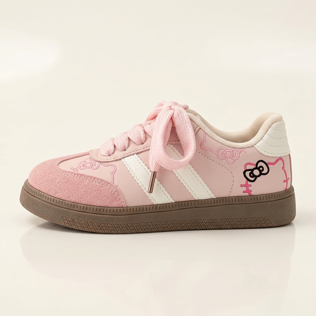 Pink kitty sneaker, softly luminous side view