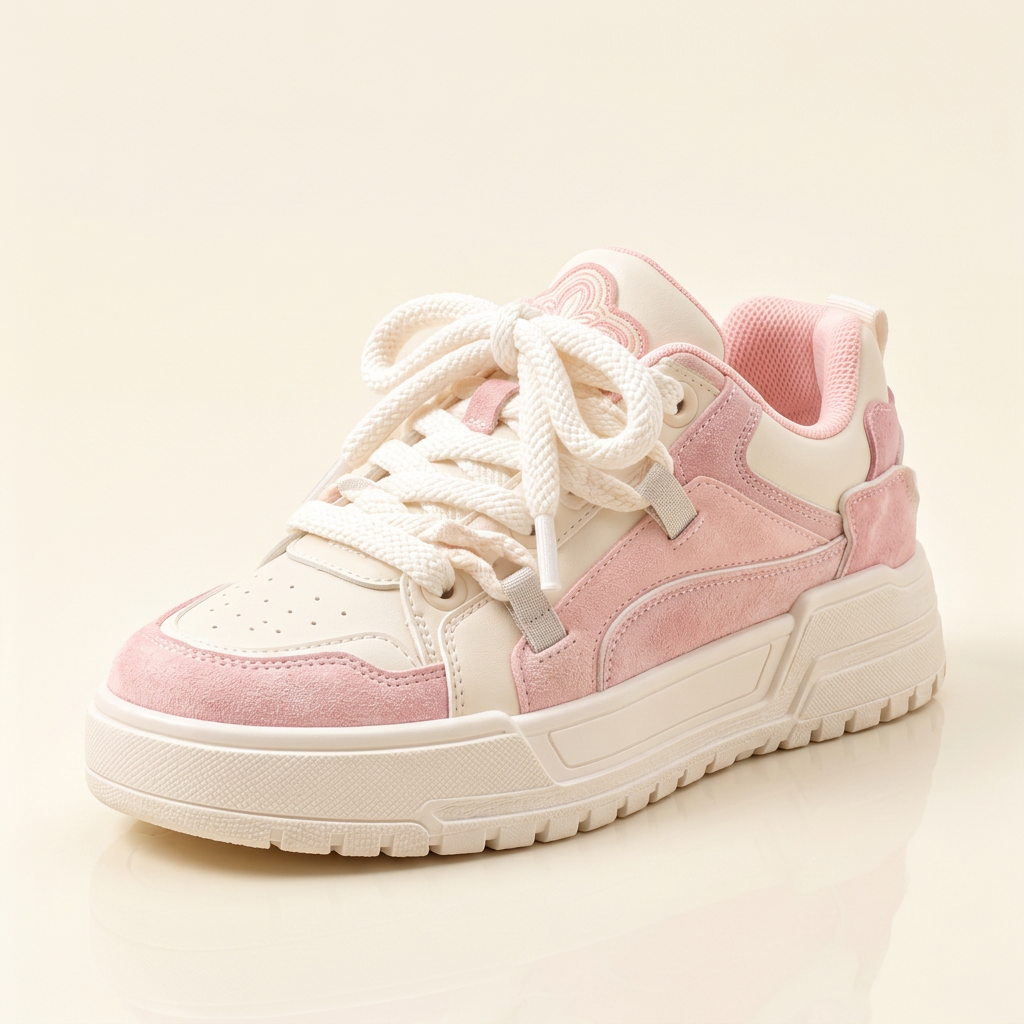 Pink platform sneaker, three-quarter studio view