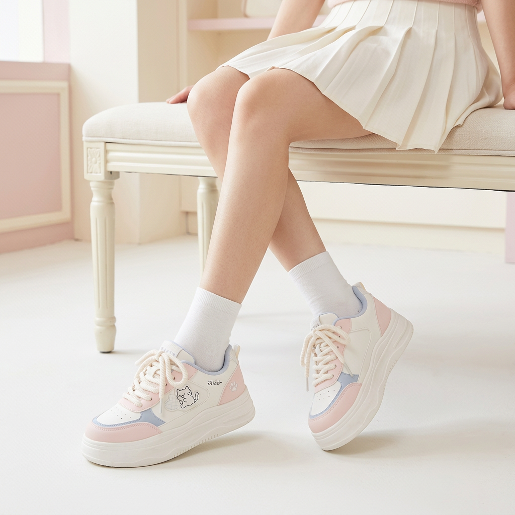 Pink sneakers lifestyle wearing shot