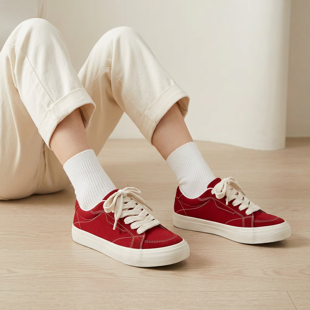 Red sneakers editorial wearing shot