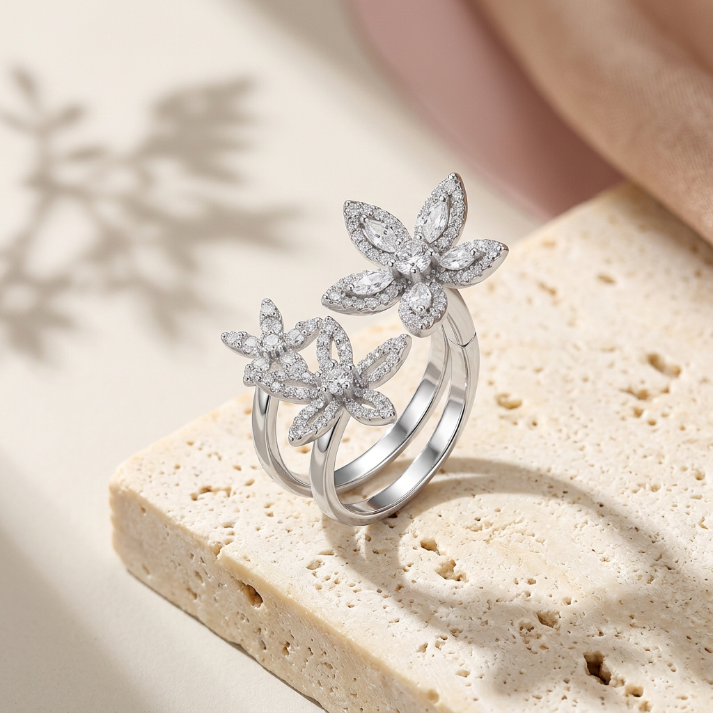 Ring on sunlit ivory stone