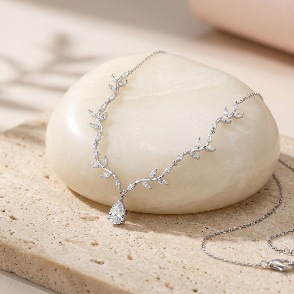 Silver leaf necklace on sunlit stone