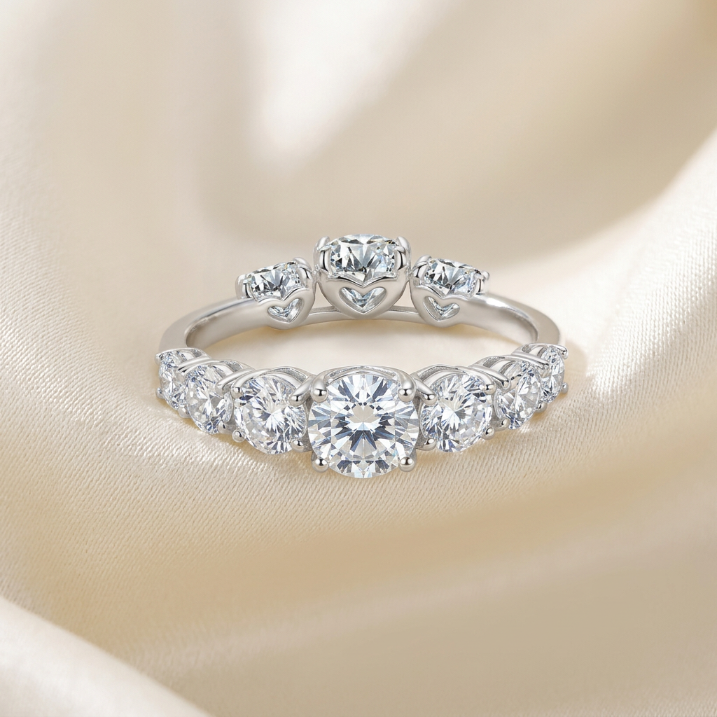 Silver ring on ivory satin