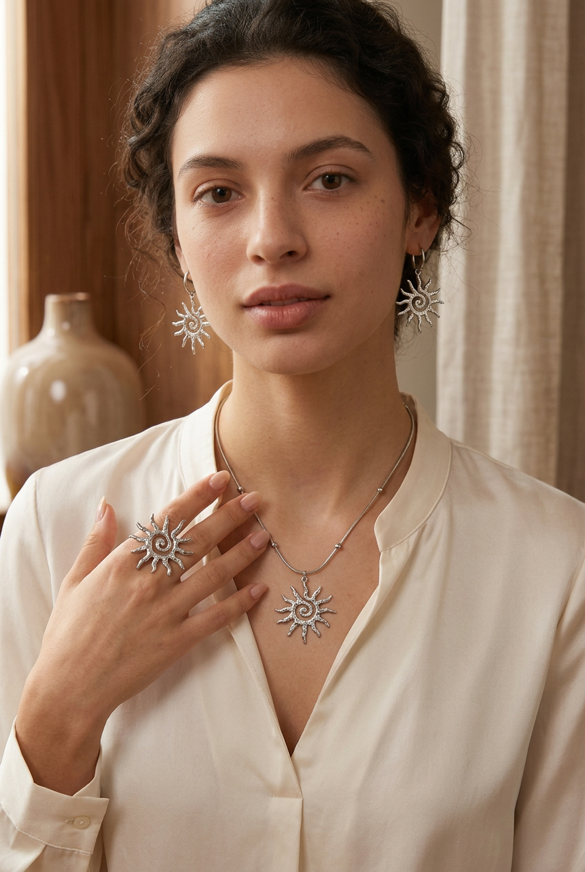 Silver-tone spiral sun earrings, necklace and ring styled together