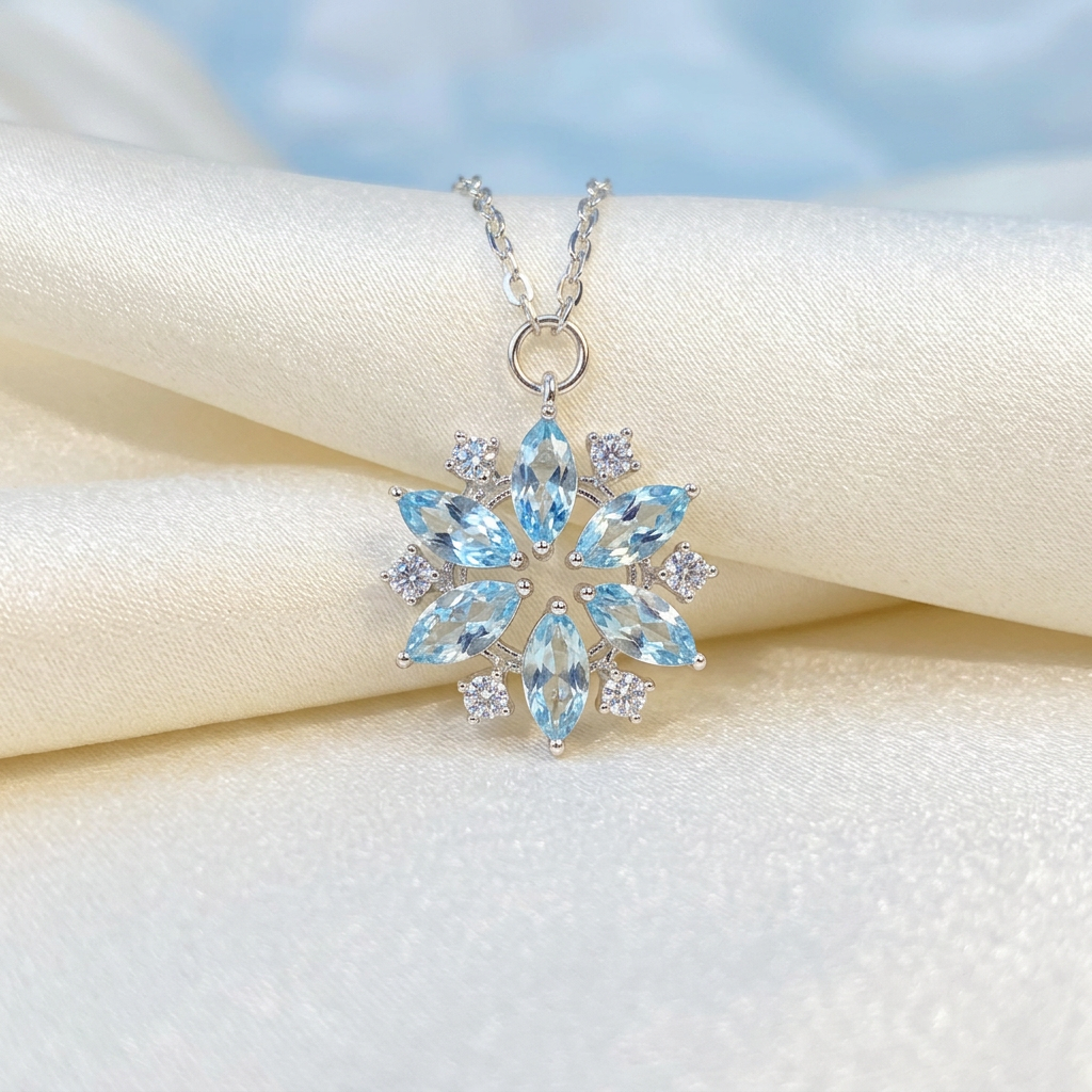 Snowflake necklace on ivory satin