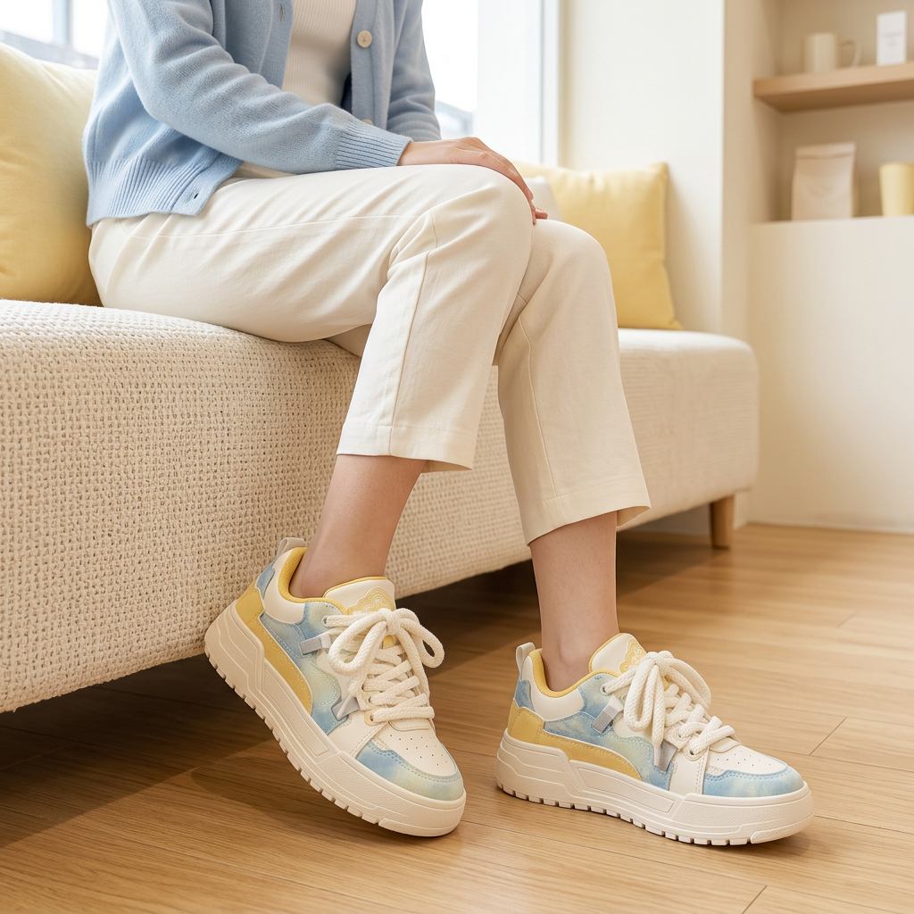 Woman wearing blue and yellow Pastel Cloud Platform Sneakers