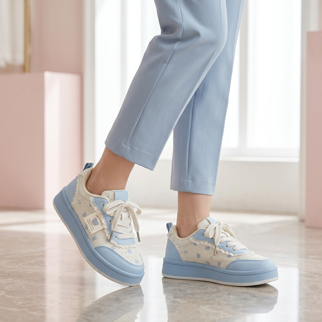 Woman wearing blue bear sneakers