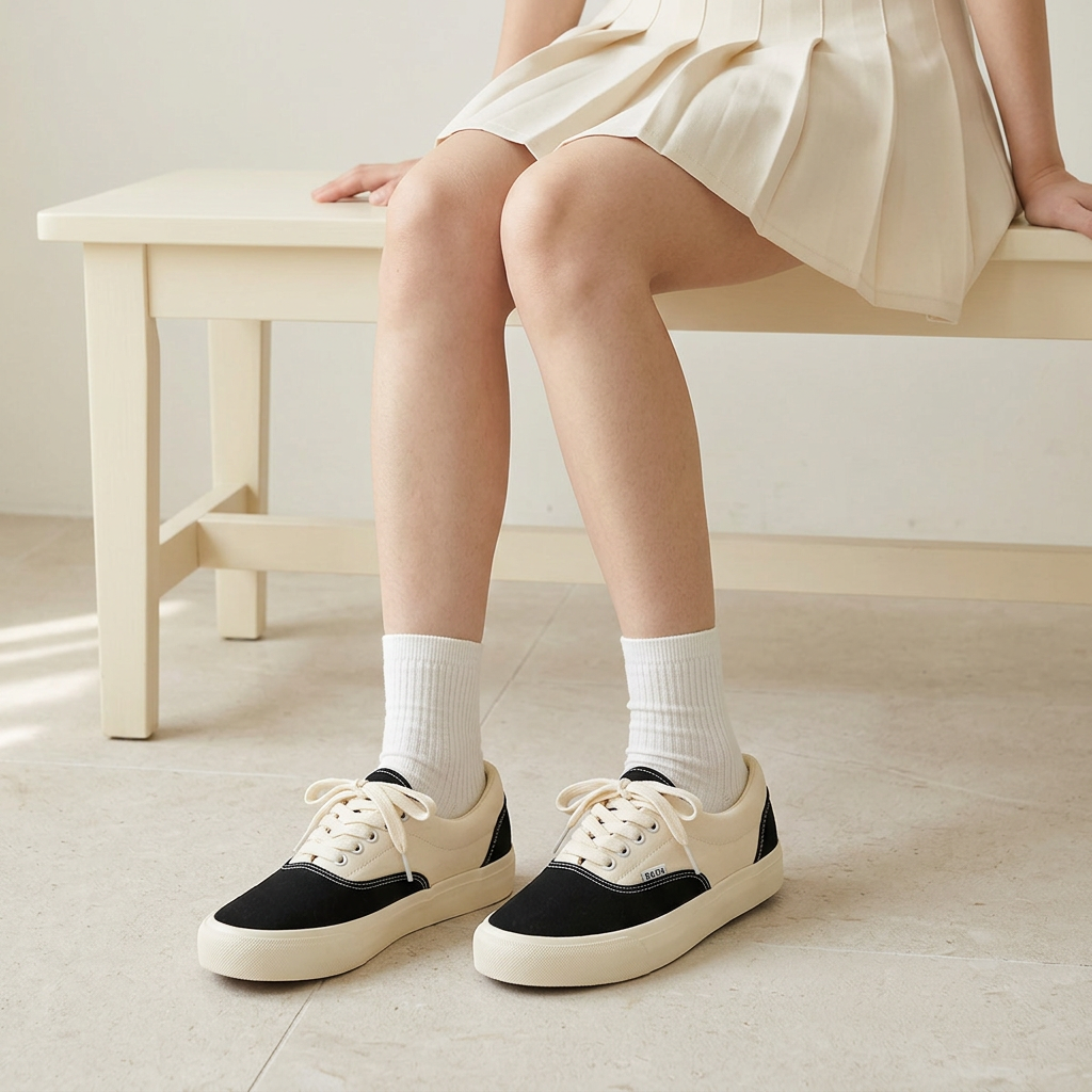 Woman wearing cream and black sneakers