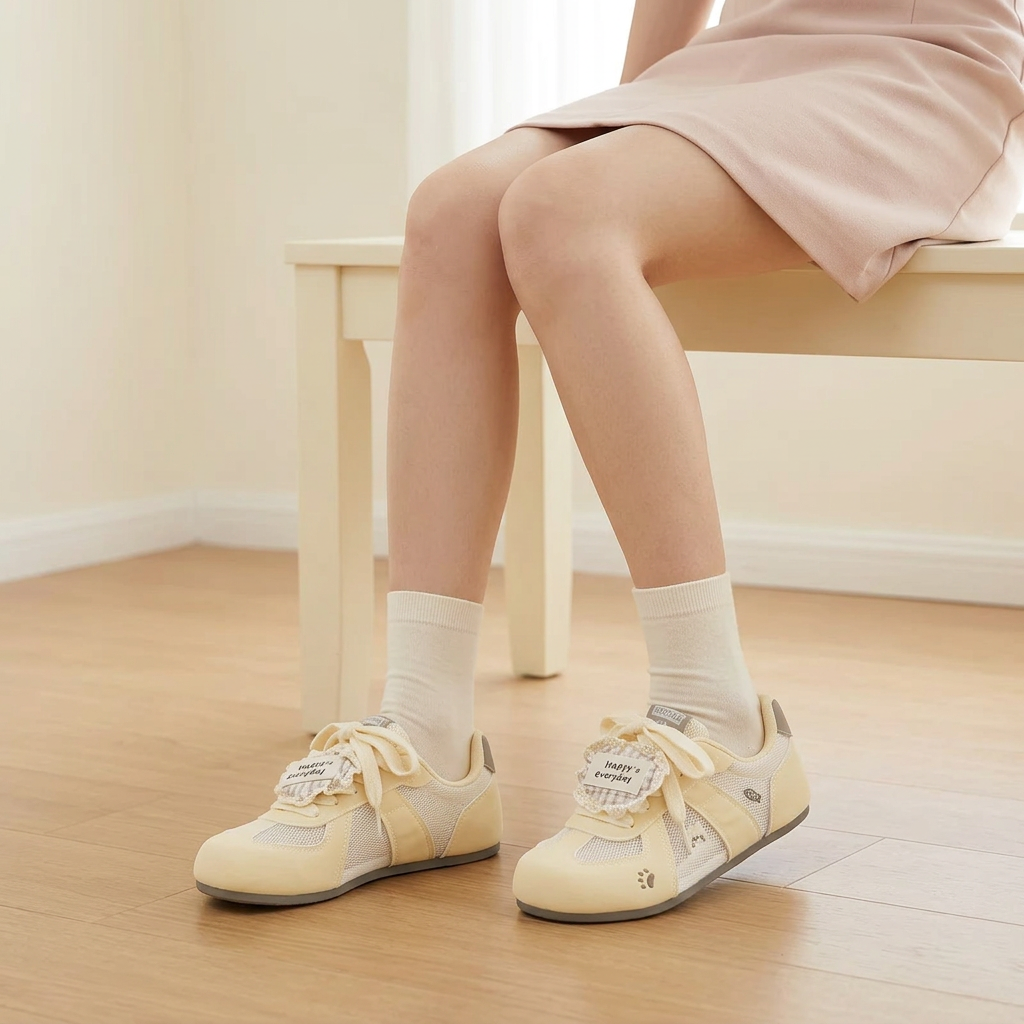 Woman wearing cream yellow shoes