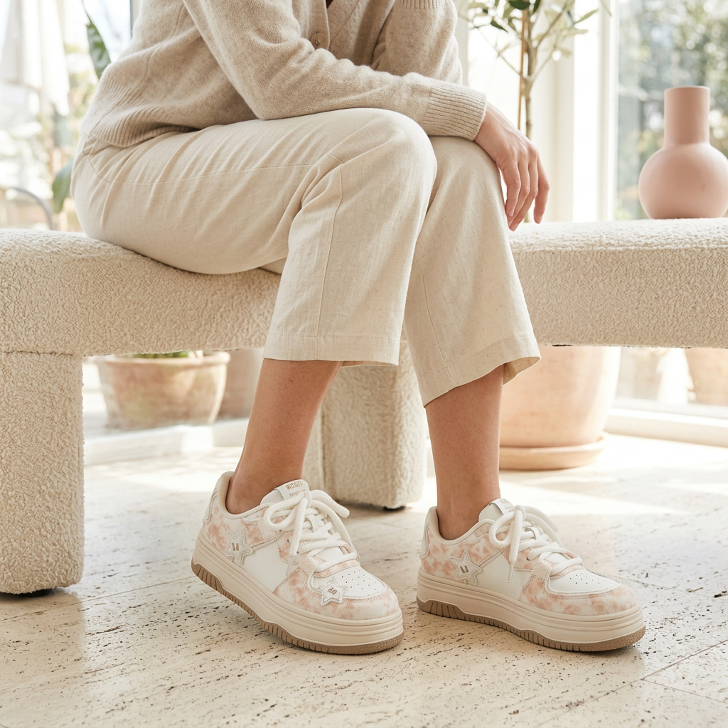 Woman wearing Gold star platform sneakers