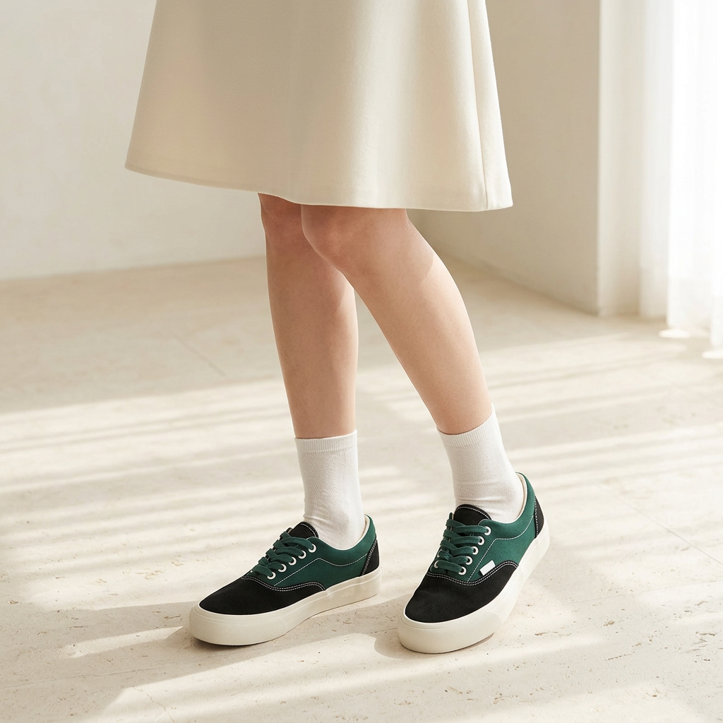 Woman wearing green and black sneakers