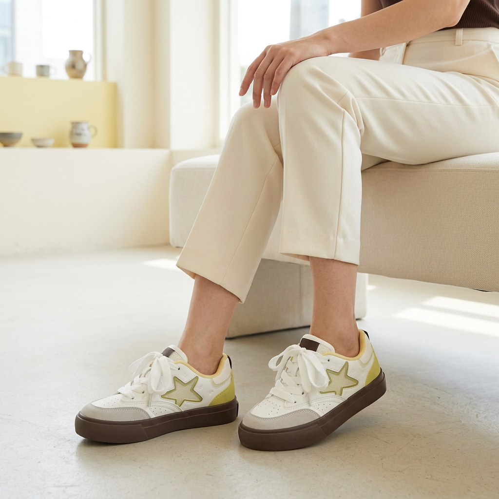 Woman wearing green star sneakers