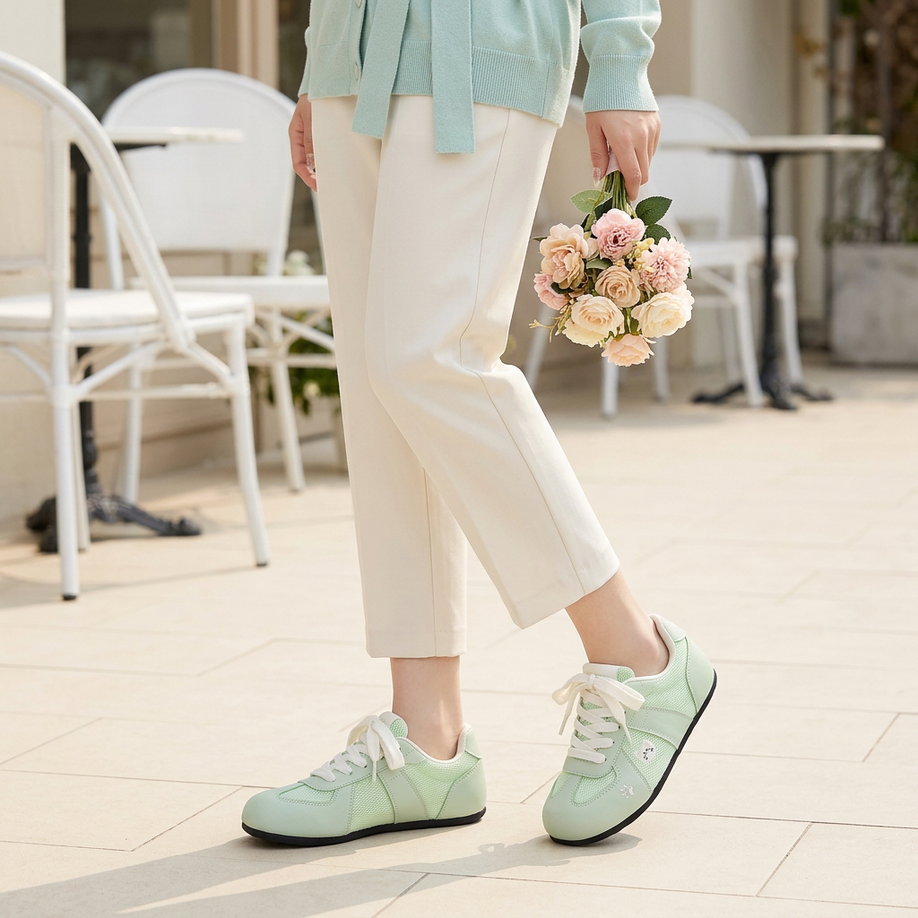 Woman wearing mint cat sneakers at a flower café