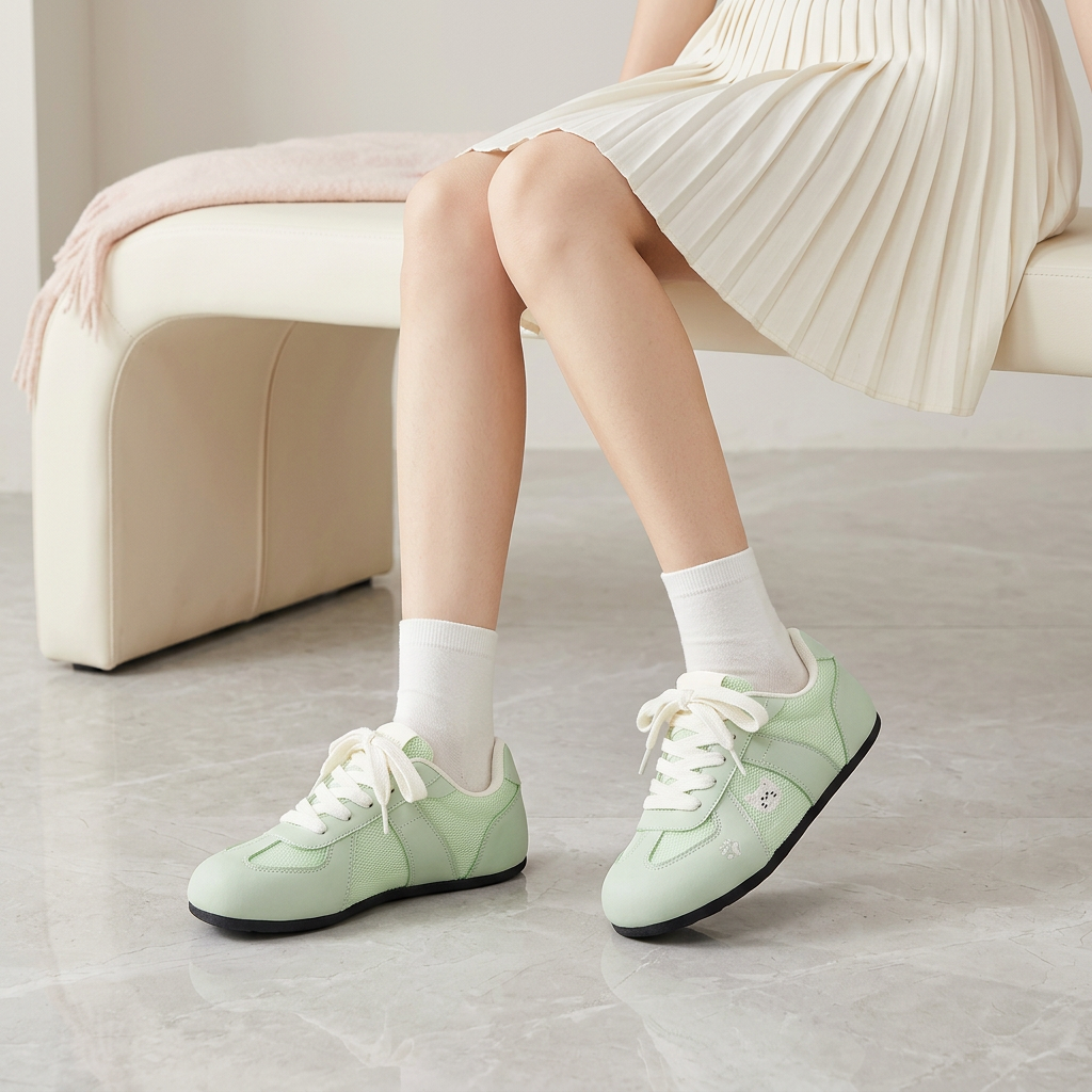 Woman wearing mint sneakers with an ivory skirt