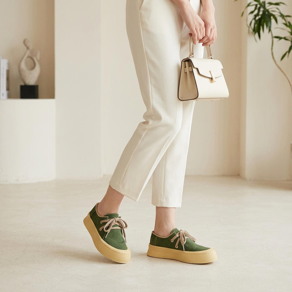 Woman wearing olive canvas shoes with ivory trousers
