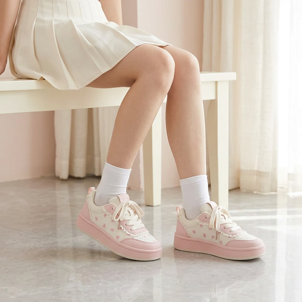 Woman wearing pink bear sneakers