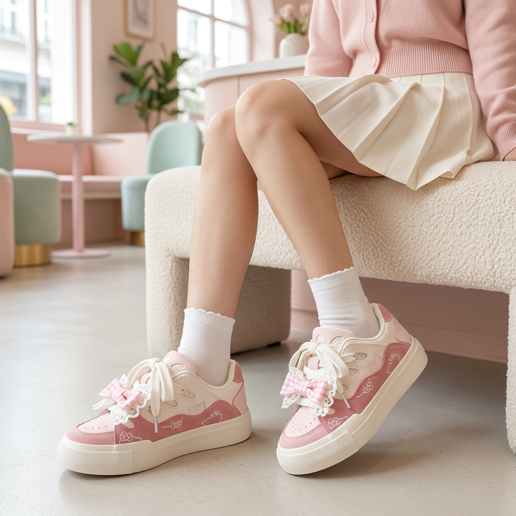 Woman wearing Pink bow sneakers