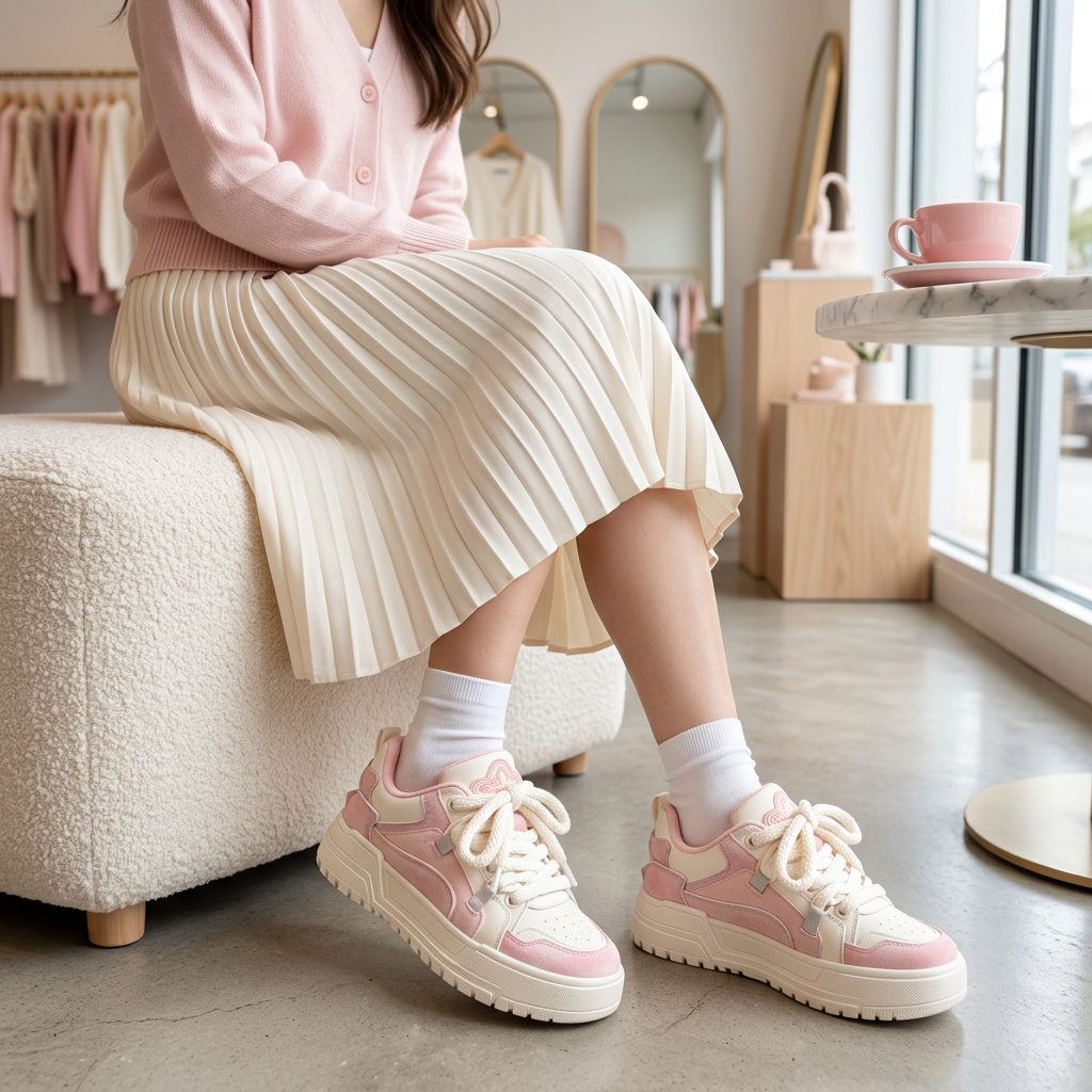 Woman wearing pink Pastel Cloud Platform Sneakers