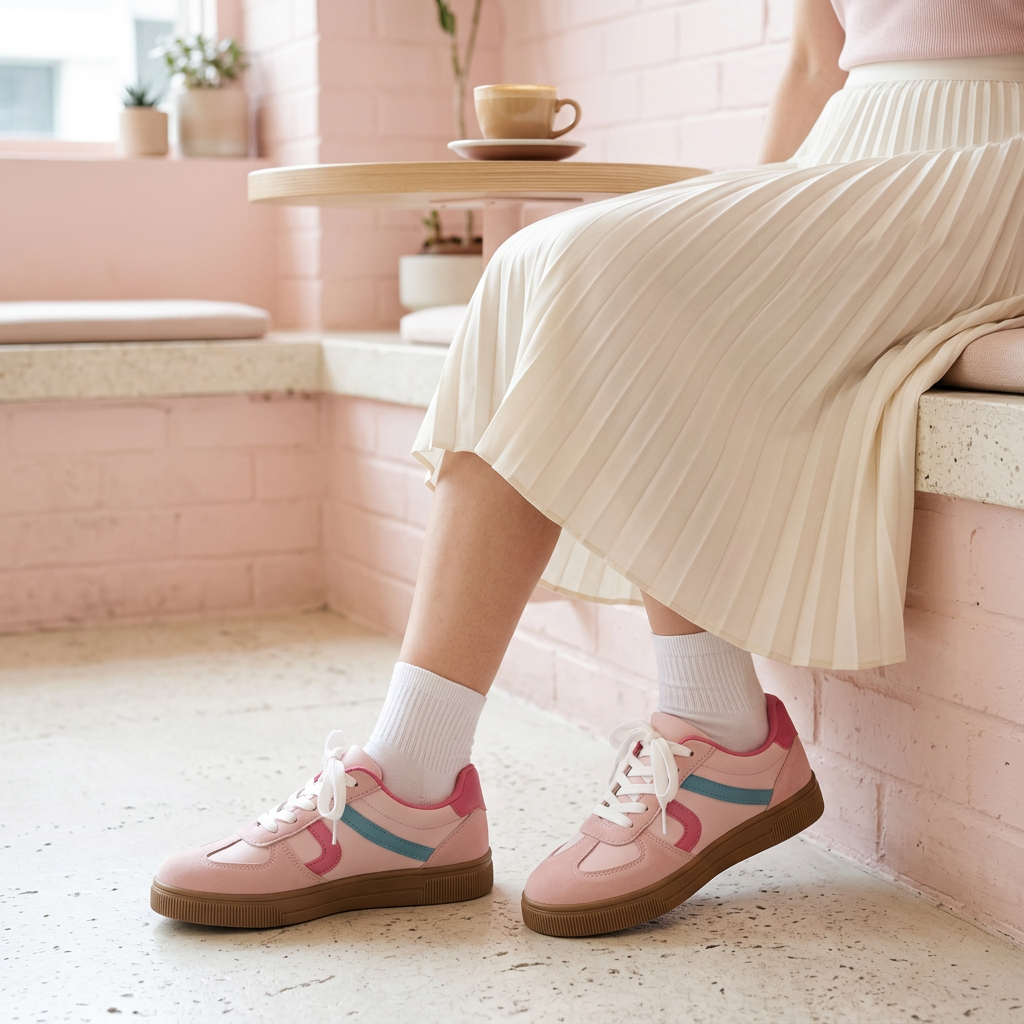 Woman wearing pink Retro Candy sneakers