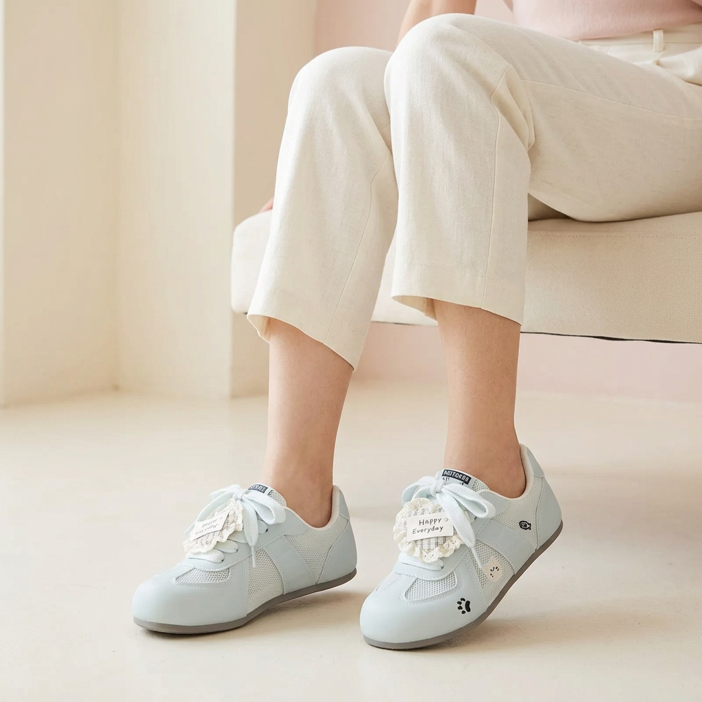 Woman wearing powder blue shoes