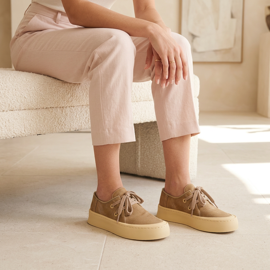 Woman wearing tan canvas shoes with blush trousers