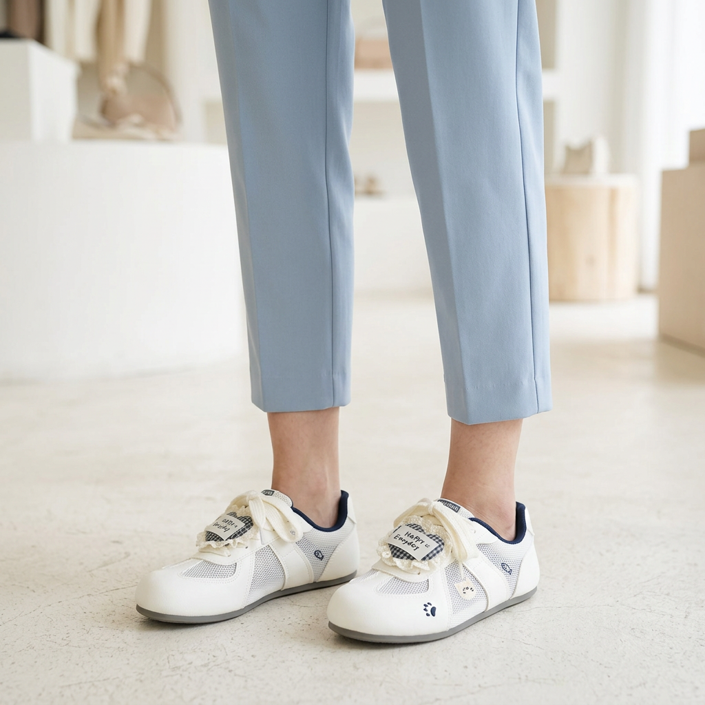 Woman wearing white and navy shoes