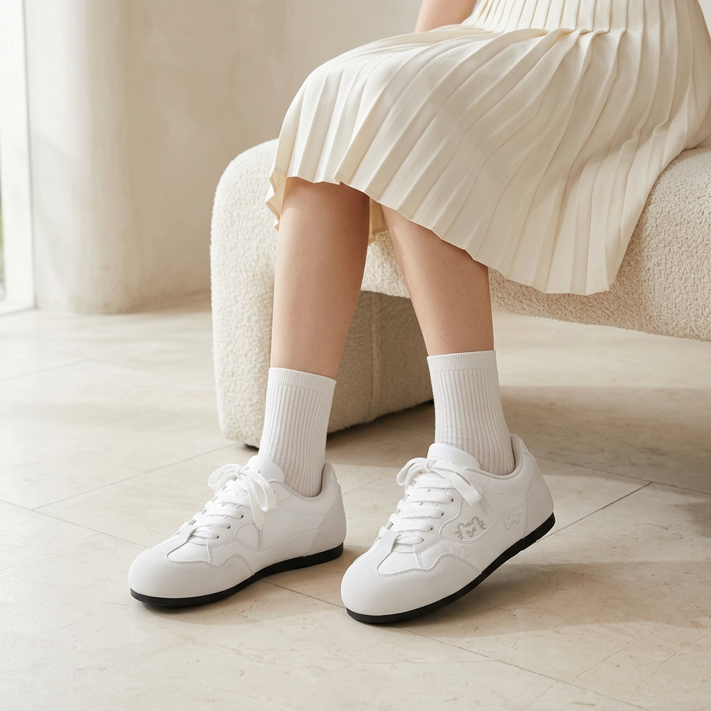 Woman wearing white cat-detail sneakers