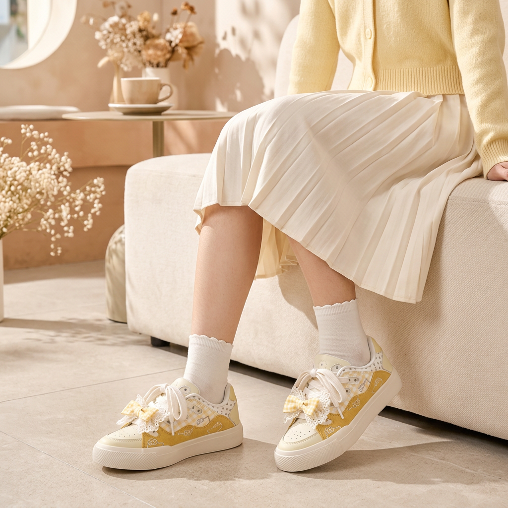 Woman wearing Yellow bow sneakers