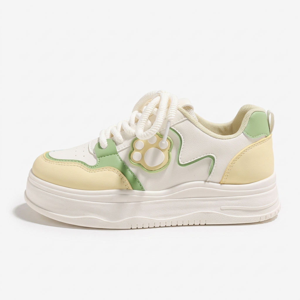 Yellow and mint Cat Paw sneaker, single-shoe side view