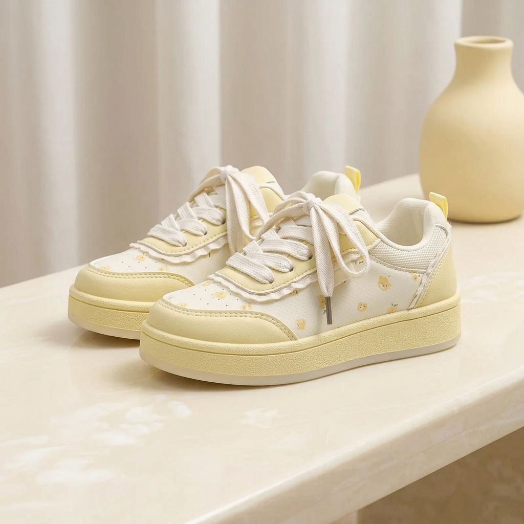 Yellow bear sneakers editorial setting