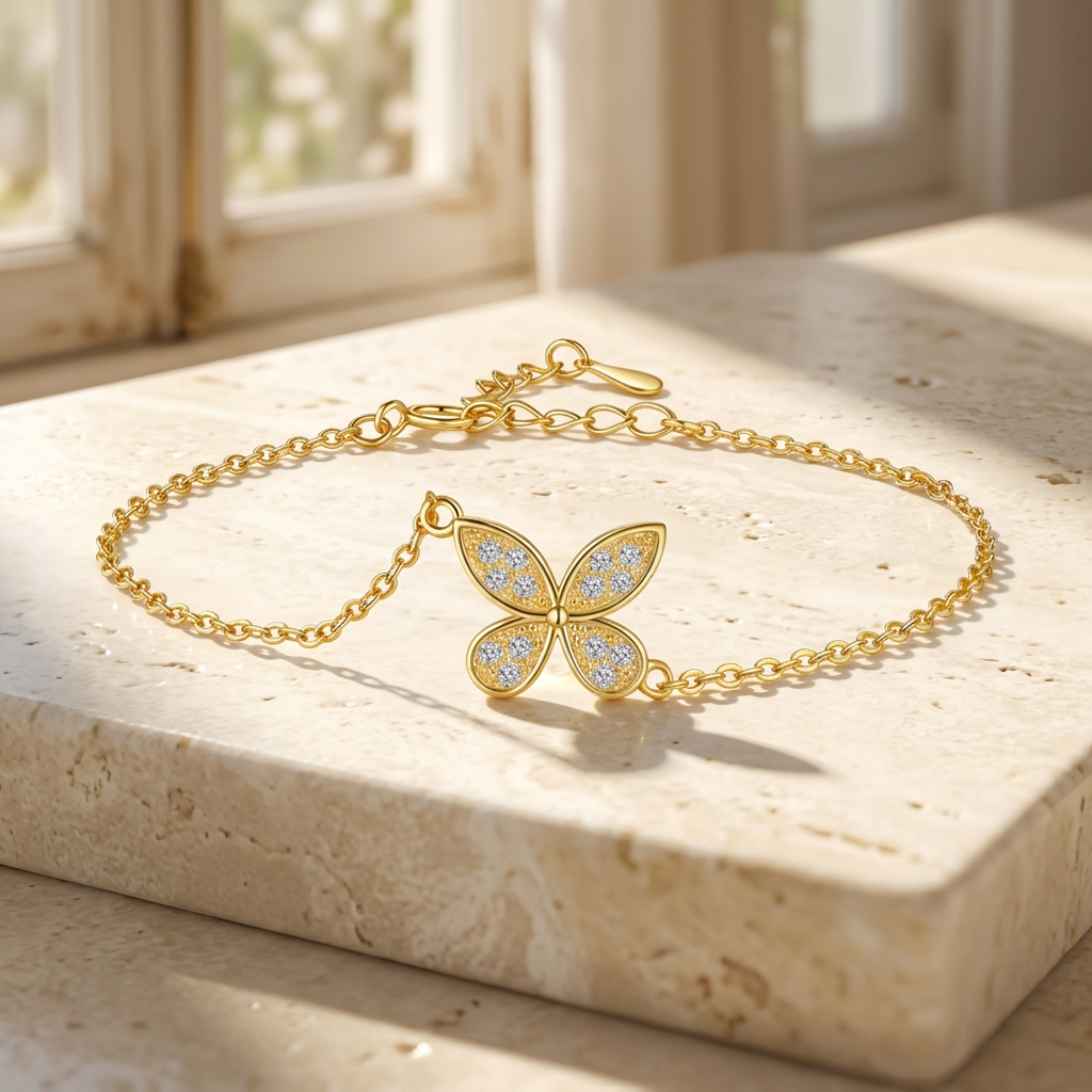 Yellow gold-tone butterfly bracelet on stone